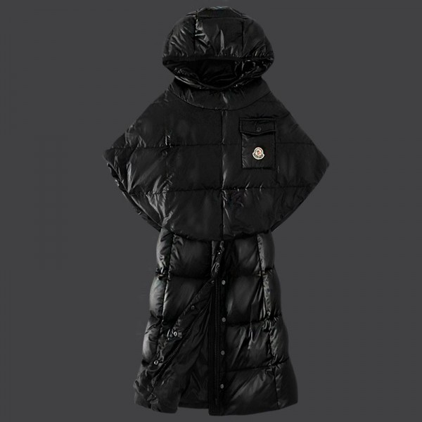 Moncler Donna Giù cappotto nero con mantello e cappello uscita M1034